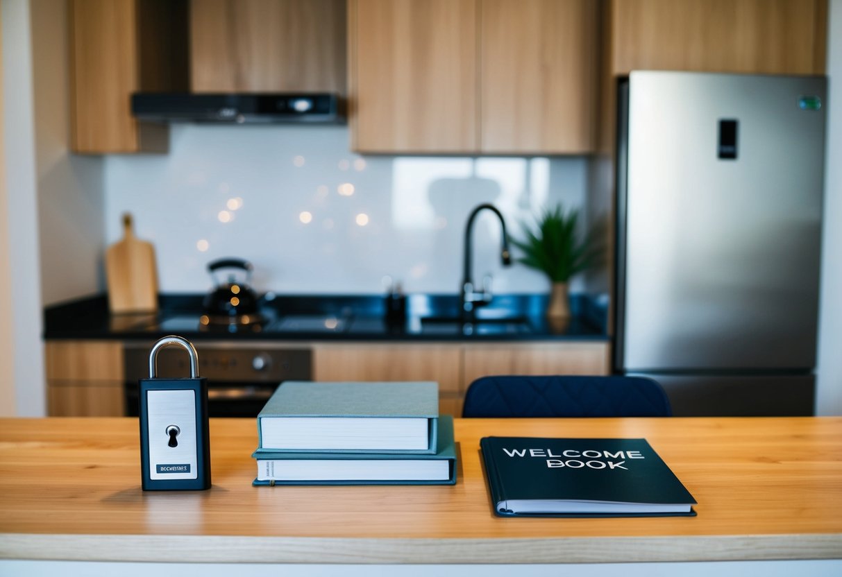 A cozy rental property with modern furnishings, a key lockbox, and a welcome book on a kitchen counter