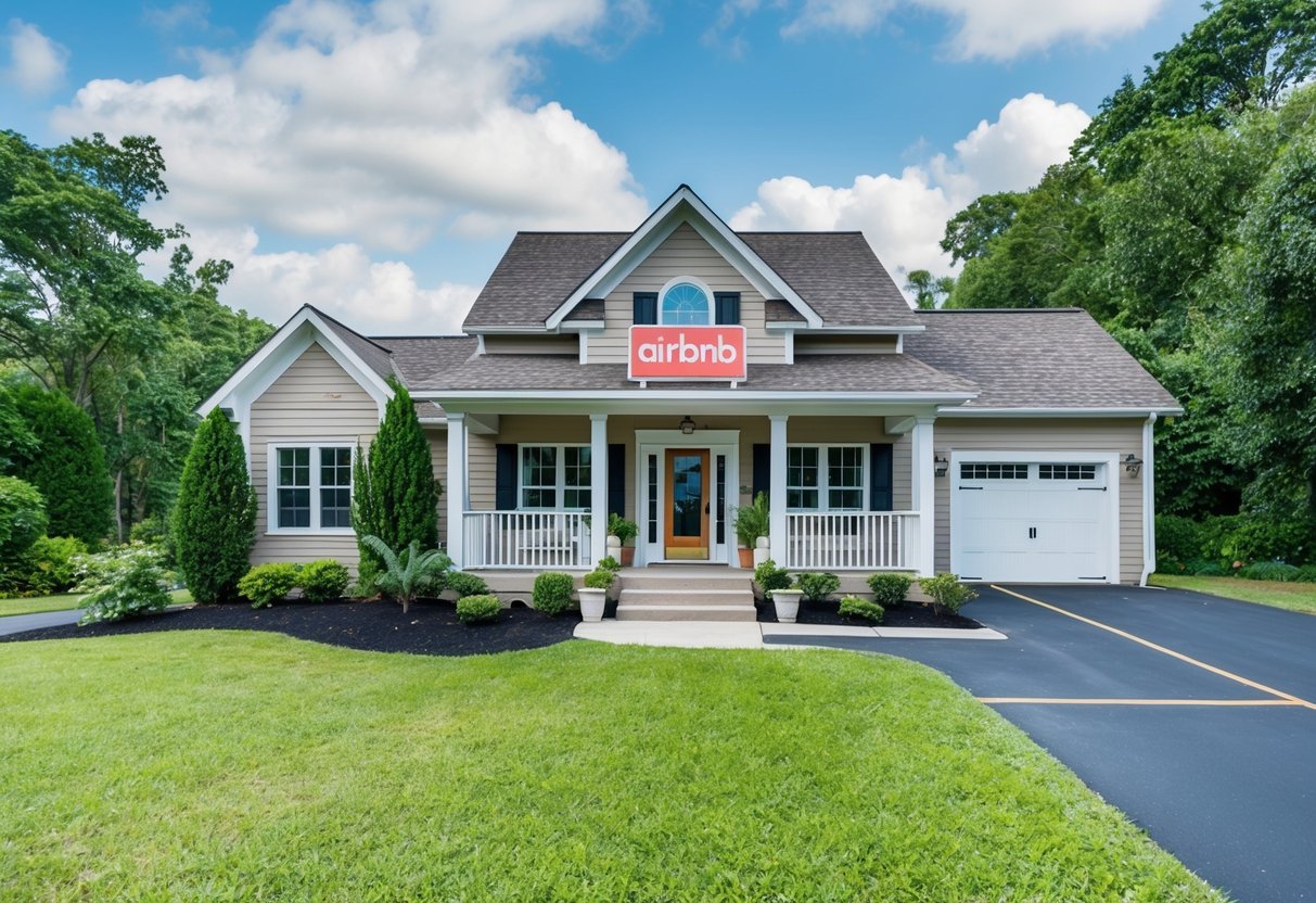 A cozy rental property with a welcoming front porch and a sign displaying "Airbnb" in the window. The property is surrounded by lush greenery and has a designated parking area for guests