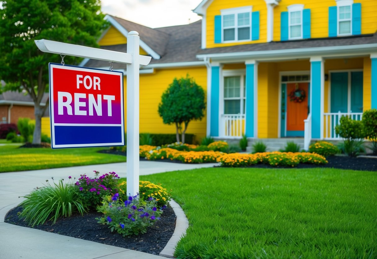 A colorful "For Rent" sign stands out against a vibrant, well-maintained property with a welcoming front entrance and professional landscaping