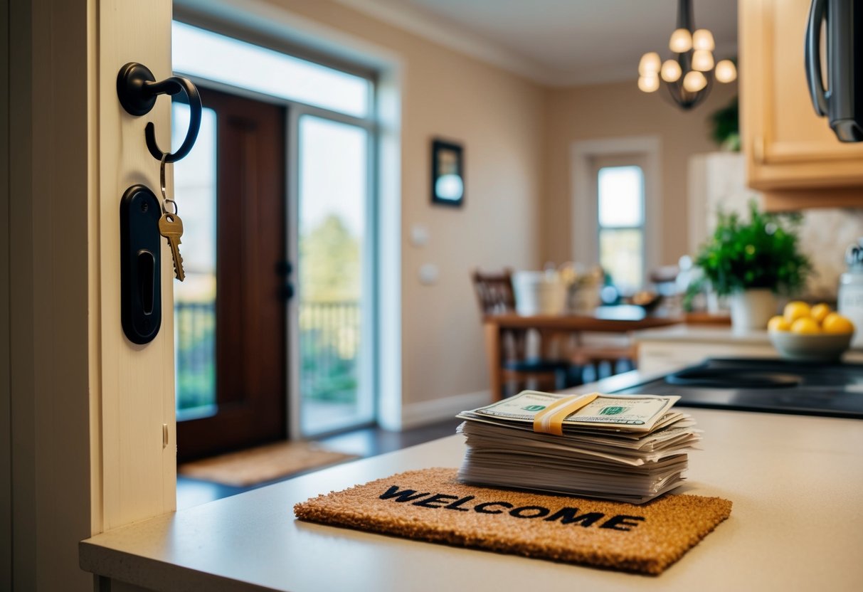 A cozy rental property with a key in the door, a welcome mat, and a stack of bills on the kitchen counter