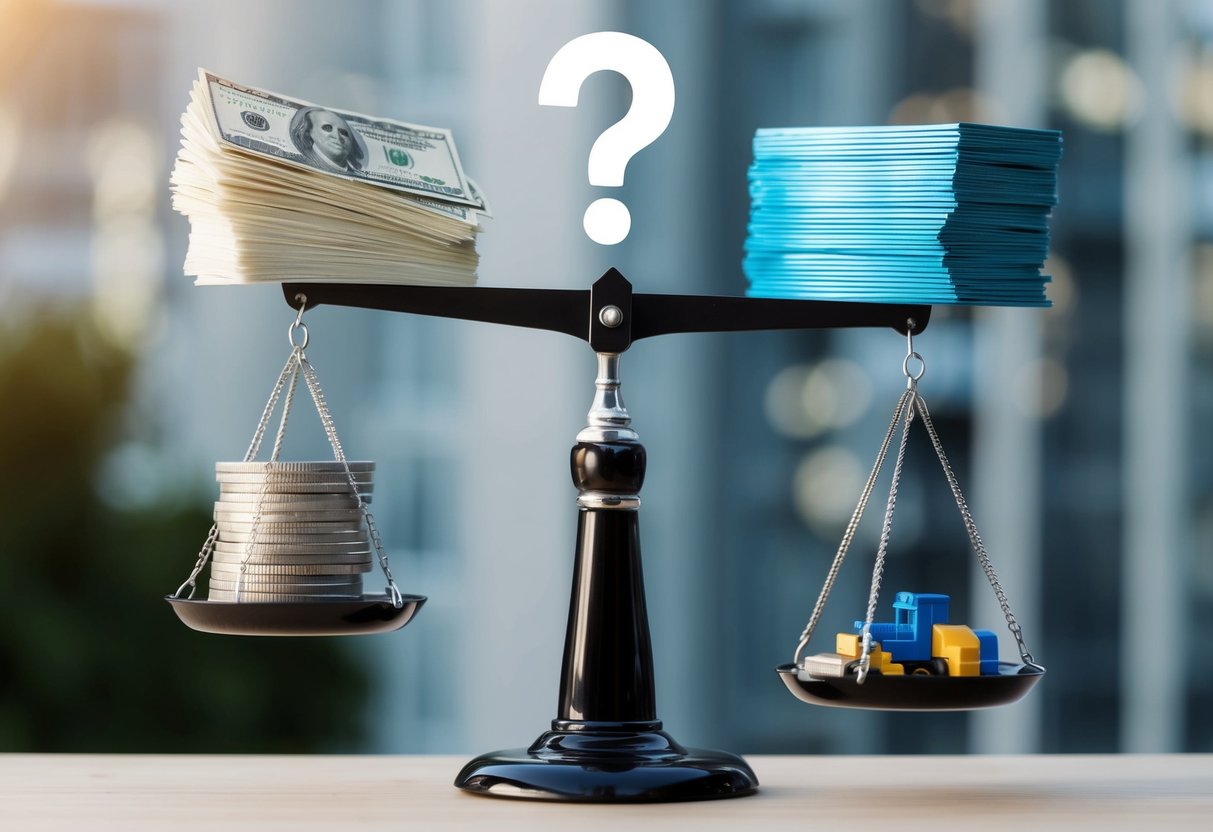 A scale balancing a stack of money on one side and a pile of construction materials on the other, with a question mark hovering above