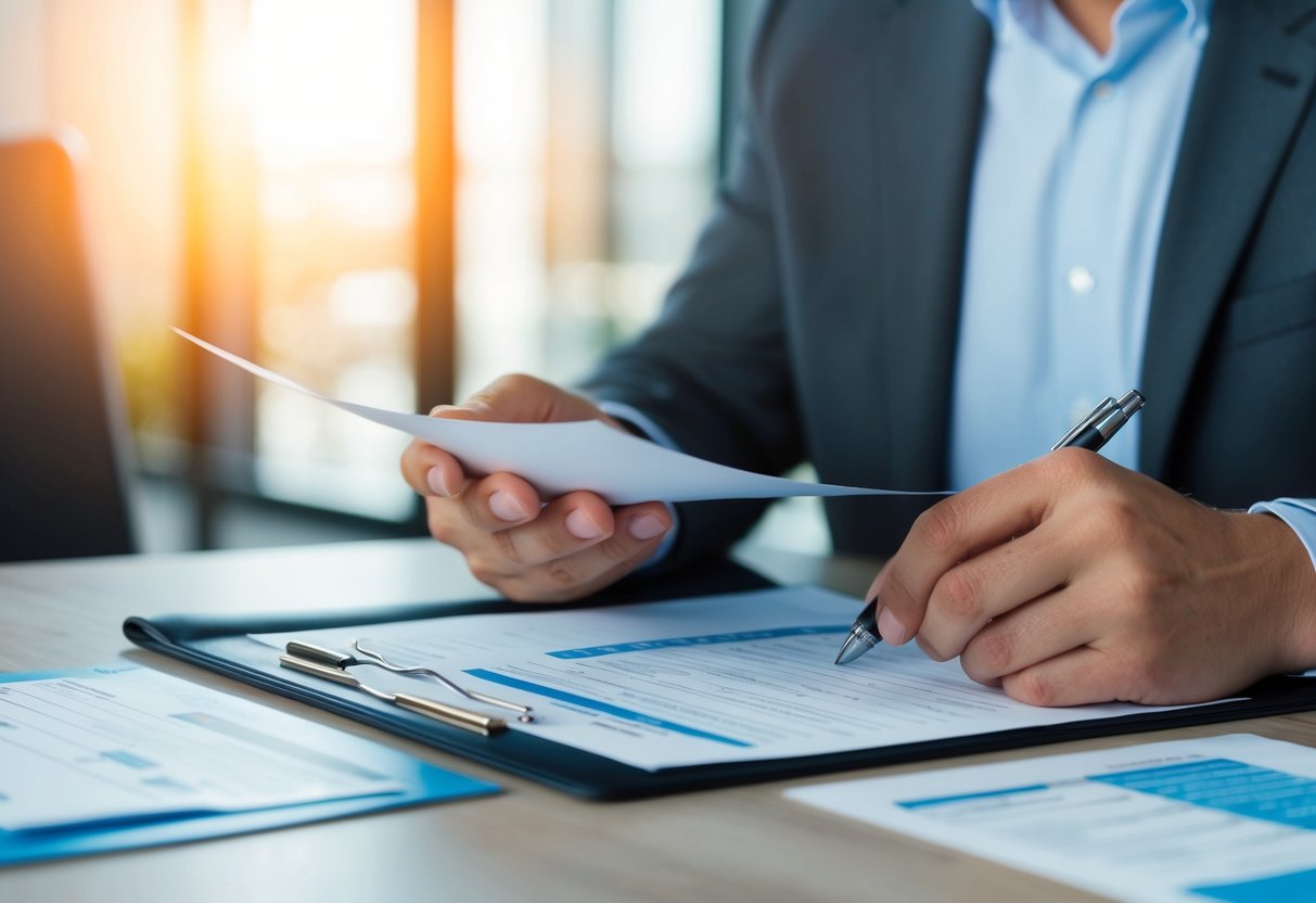 A landlord reviewing rental applications and background checks for potential tenants