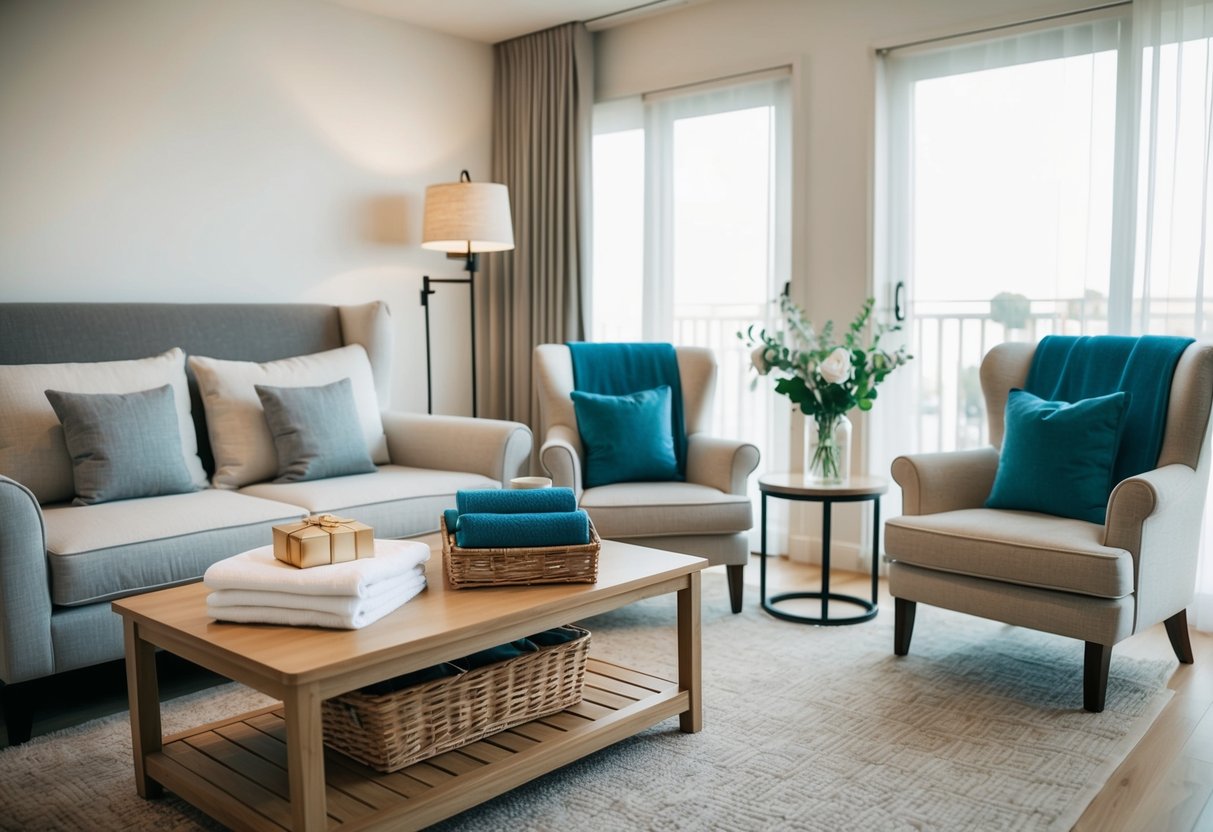 A cozy living room with a neatly made bed, fresh towels, and a welcome basket on the coffee table. The space is clean and inviting, with thoughtful touches for guests