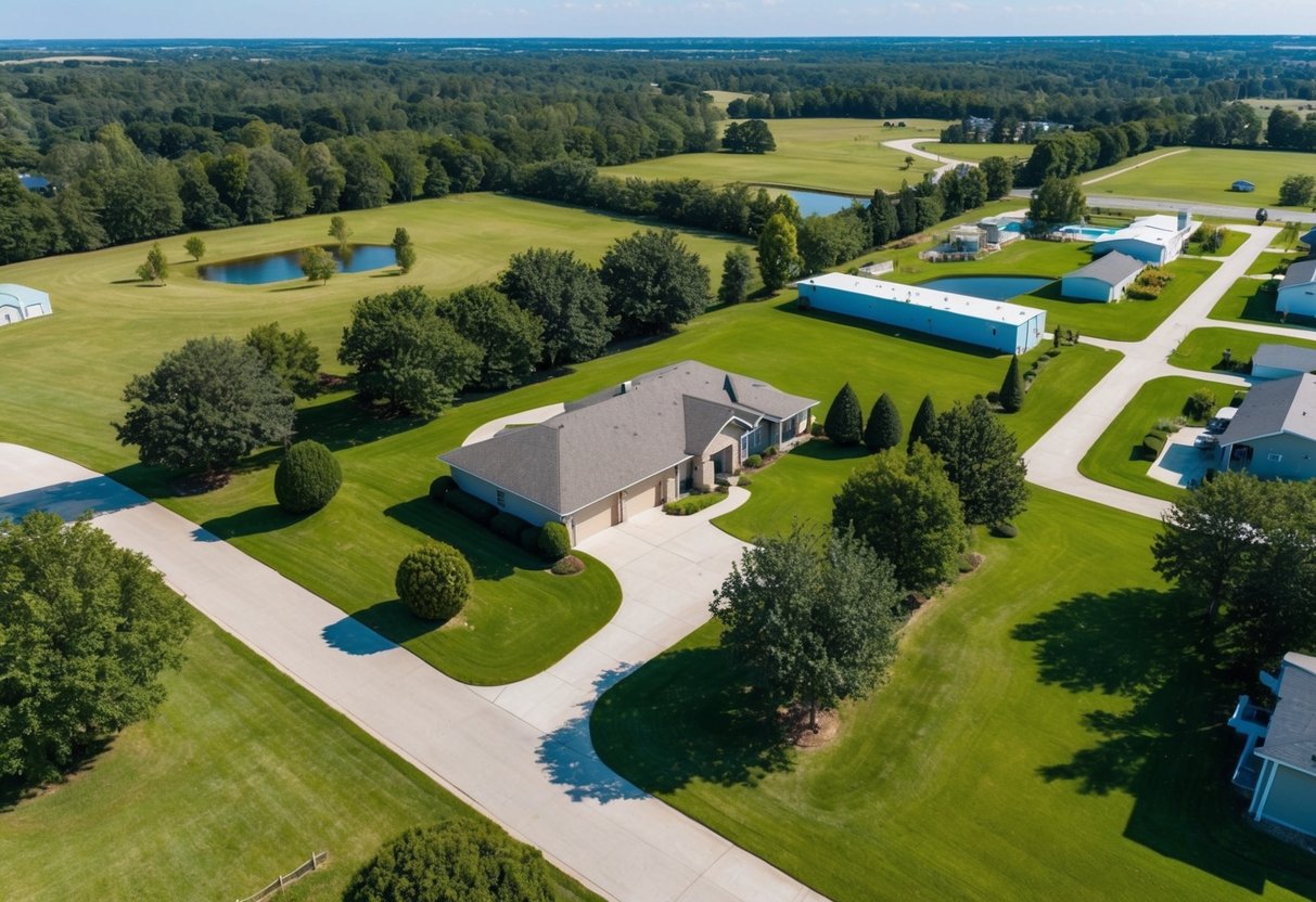 An aerial view of a plot of land with various property features such as trees, water sources, and surrounding infrastructure