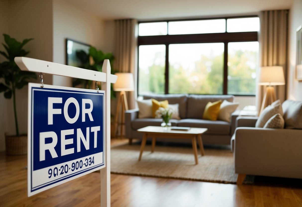 A cozy living room with a "For Rent" sign outside, showing a welcoming and well-maintained space for potential tenants to envision themselves living in