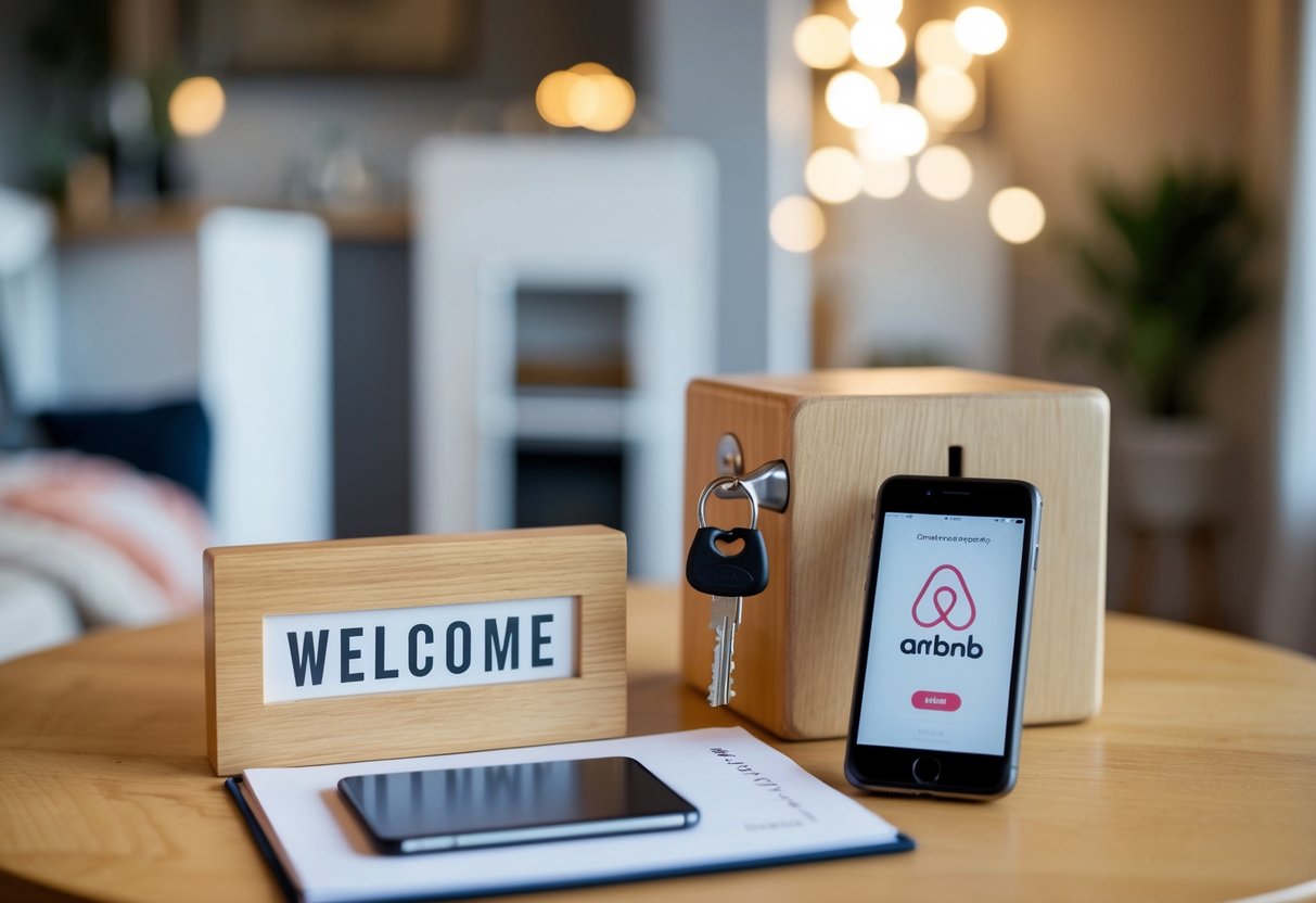 A cozy rental property with a key in the lock, a welcome sign, and a guest book on a table. A smartphone with the Airbnb app is visible