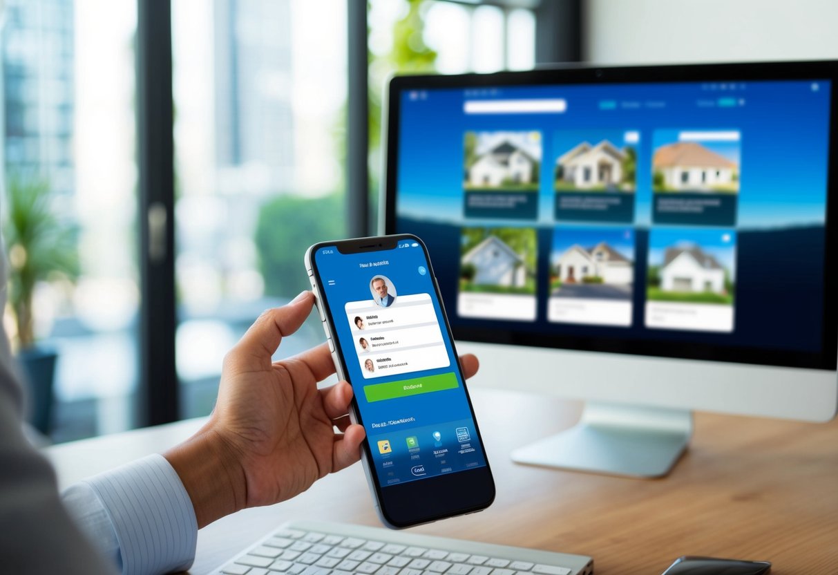 A landlord using a smartphone app to review potential tenant profiles, while a computer screen shows property listings and rental applications