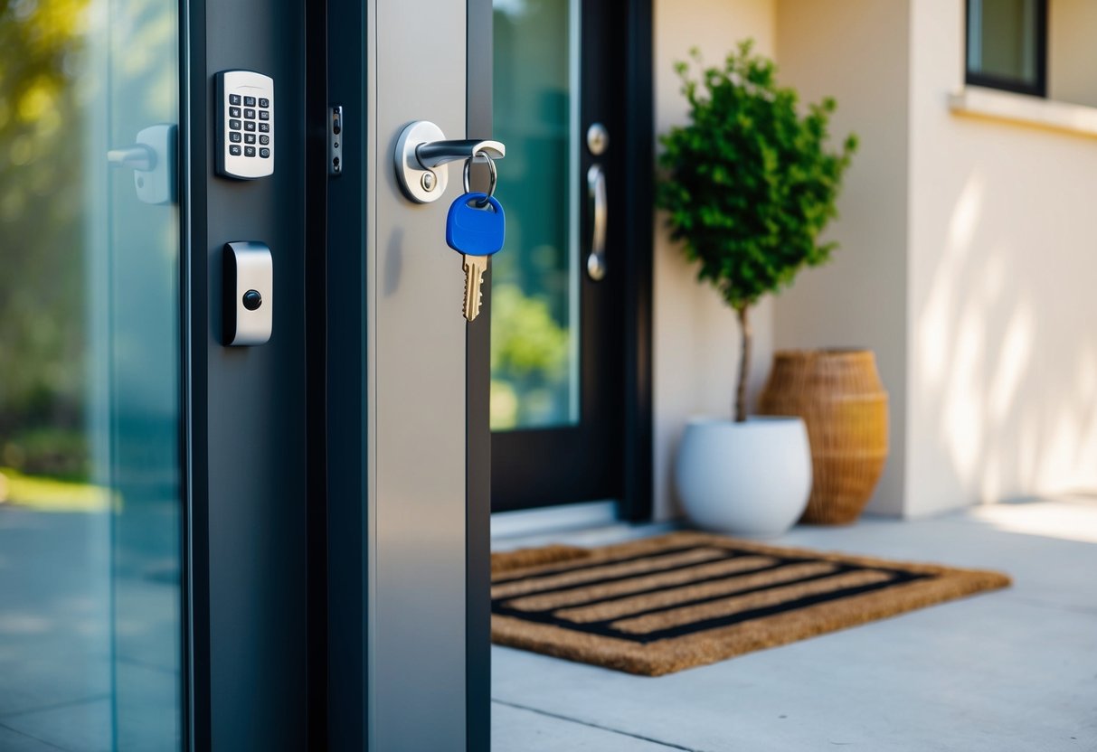 A modern rental property with a key in the door, a welcome mat, and a digital keypad for entry