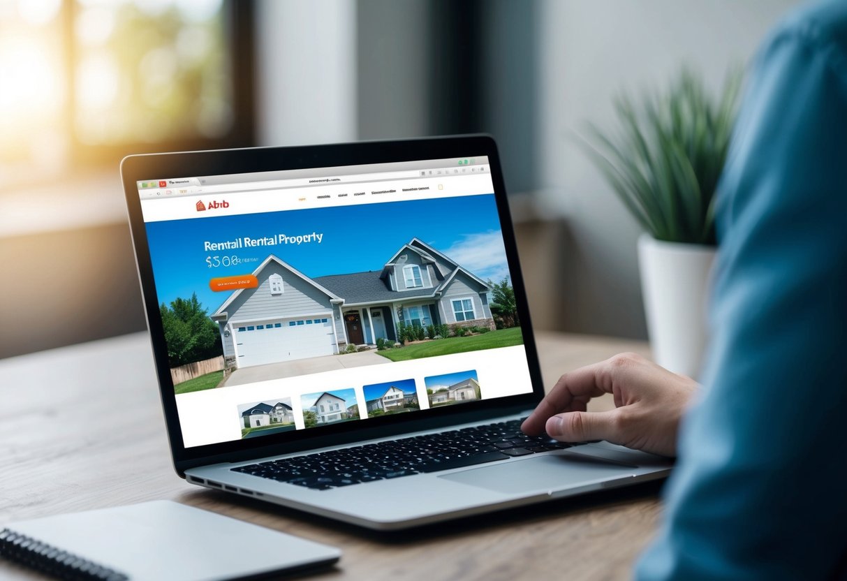 A person browsing a laptop with an Airbnb website open, while a rental property is shown on the screen