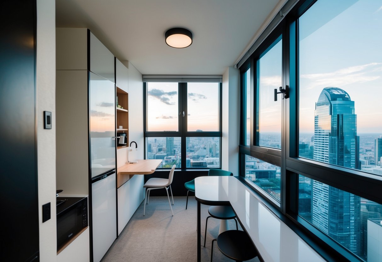 A compact, modern micro apartment with efficient use of space, sleek furniture, and large windows showcasing city views