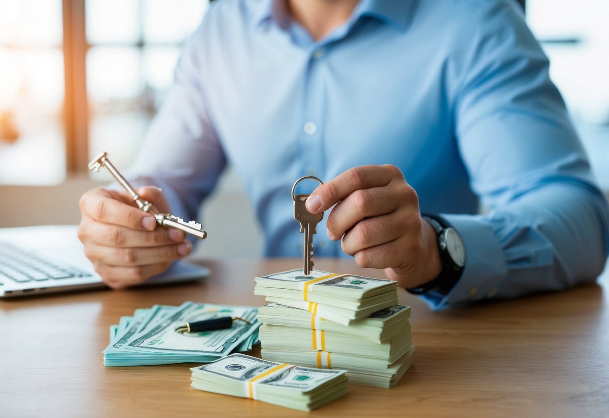 A person researching real estate while holding a key and a stack of money