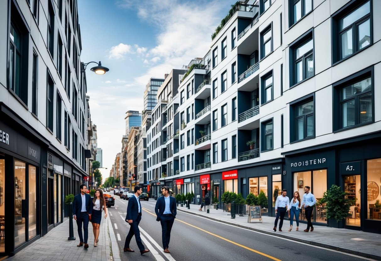 A bustling city street with rows of modern micro apartments, surrounded by shops and cafes, with professionals and young couples going about their day