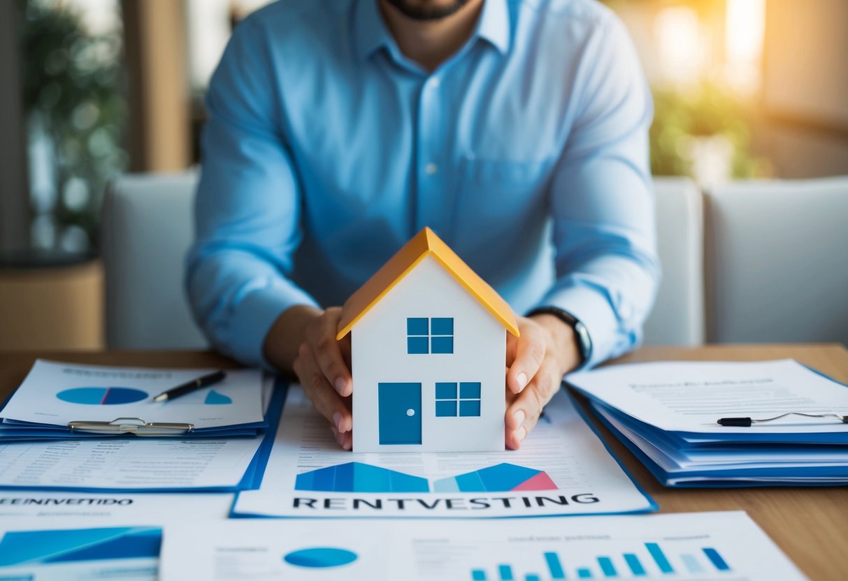 A person researching rentvesting, surrounded by real estate and financial documents