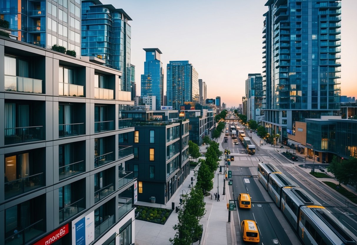 A modern cityscape with sleek, compact micro apartments nestled among bustling streets and surrounded by amenities and public transportation