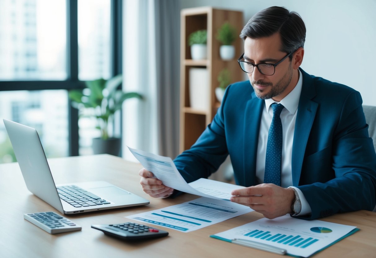 A landlord reviewing utility bills, researching property upgrades, and calculating potential rental income