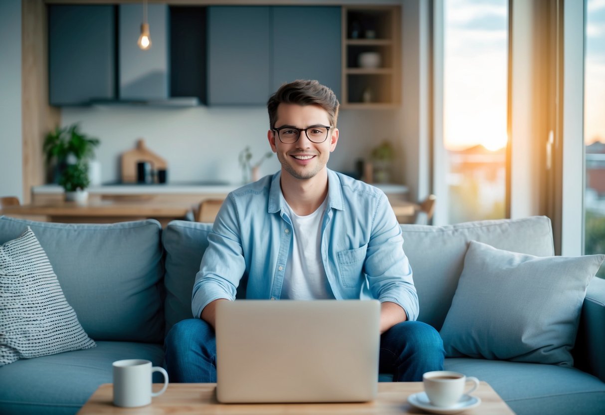 A young professional sits on a cozy couch in a modern apartment, with a laptop and a coffee mug, while also owning a property in a suburban neighborhood