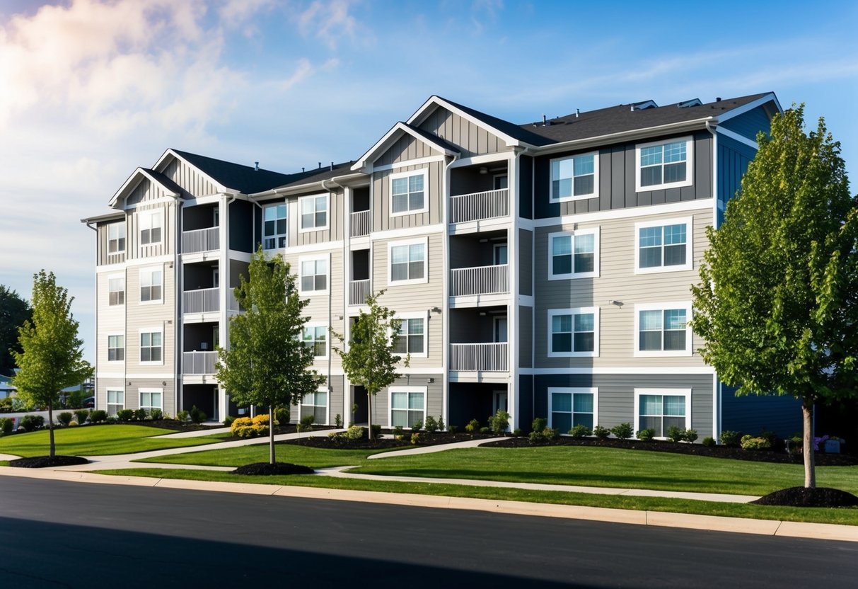 A suburban apartment complex with upgraded landscaping, modernized facades, and newly installed energy-efficient windows