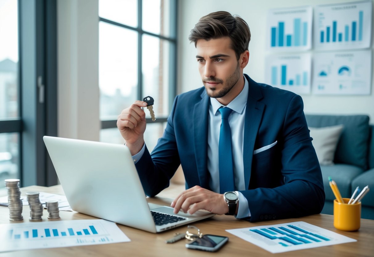 A young professional holds a set of keys to a trendy urban apartment while gazing at a suburban property listing on a laptop. Financial charts and graphs are scattered around the room