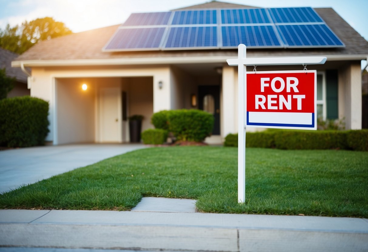 A rental property with a "For Rent" sign in the front yard, a separate entrance for a potential basement apartment, and solar panels on the roof