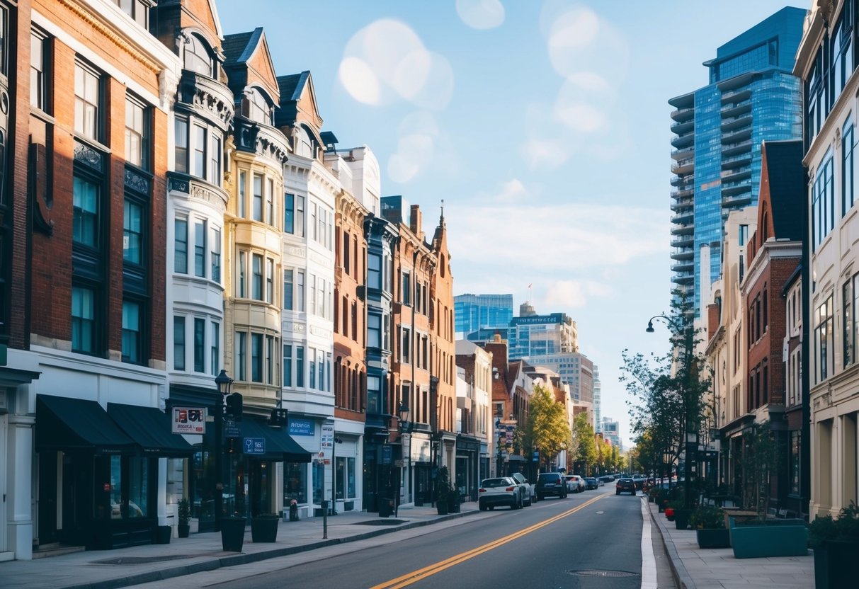 A bustling city street with a mix of residential and commercial buildings, showing signs of renovation and development