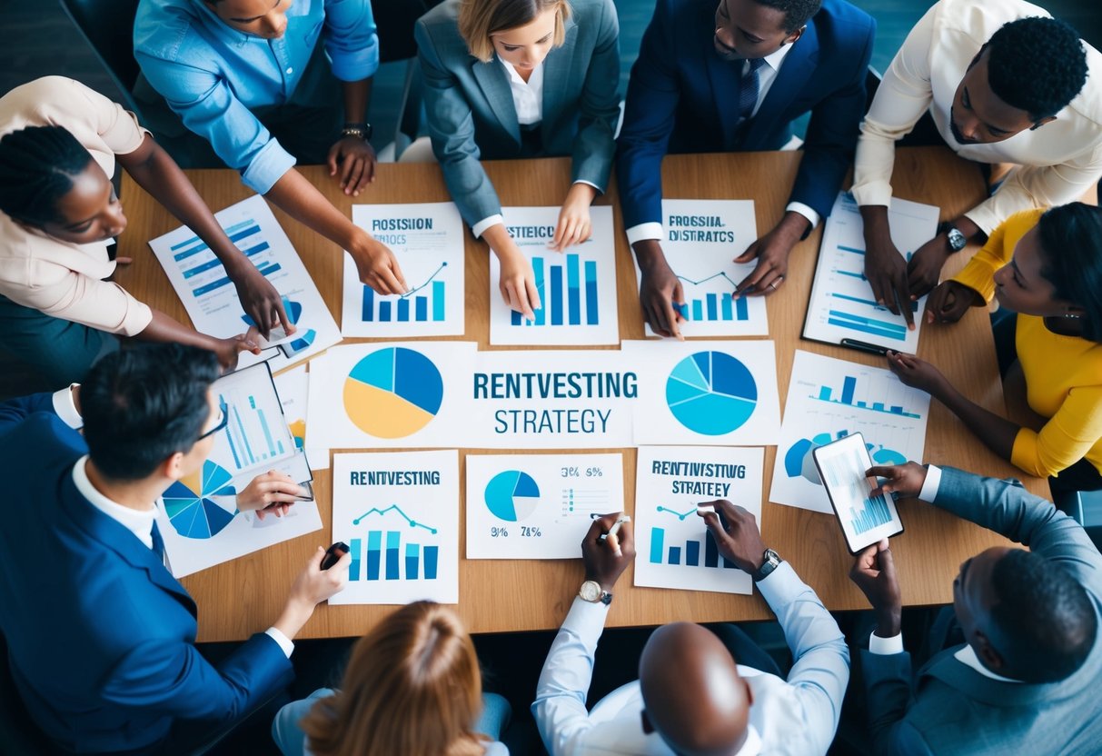 A diverse group of people gather around a table, discussing and planning their rentvesting strategy. Charts and graphs are spread out in front of them, as they exchange ideas and make decisions