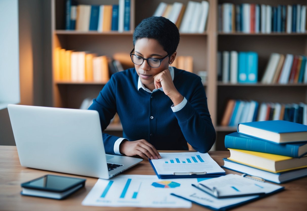 A person researching rentvesting, surrounded by books, financial documents, and a laptop. They are deep in thought, weighing the risks and considerations