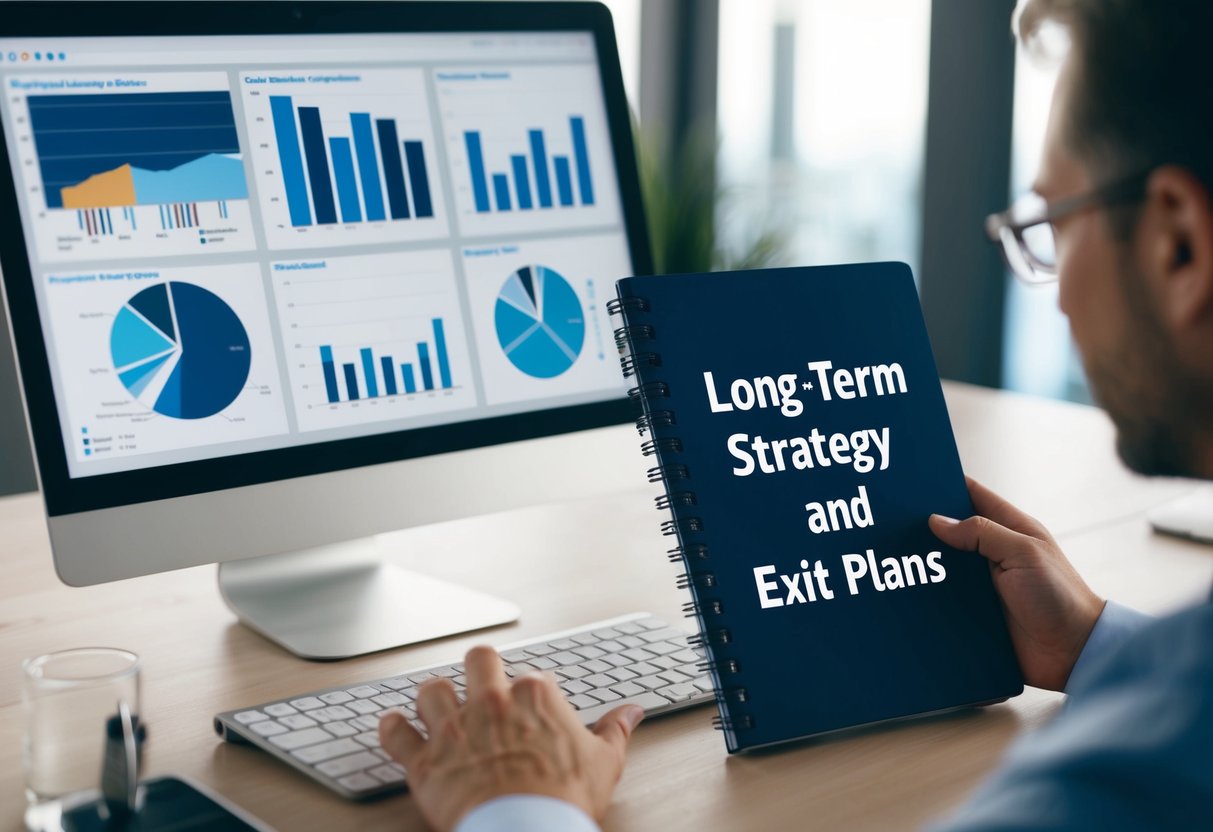 A person researching real estate options, with charts and graphs on a computer screen, and a notebook with "Long-Term Strategy and Exit Plans" written on the cover