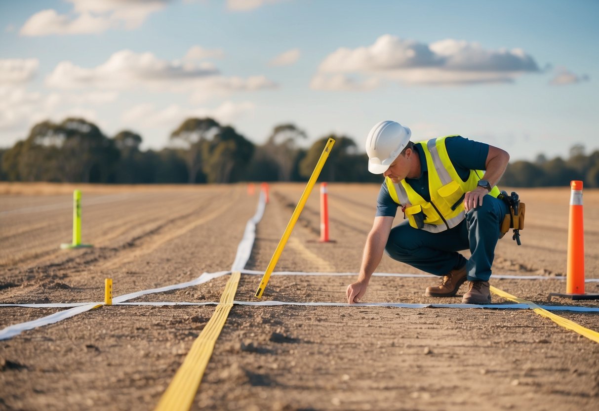 A surveyor measuring and marking boundaries on a large plot of land in Australia