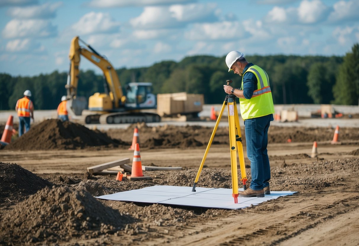 A surveyor measuring the dimensions of a plot of land, while a construction crew works on clearing the area for development