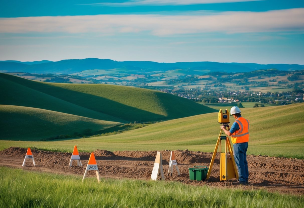 A surveyor measuring and mapping out a large plot of land with a subdivision plan in hand