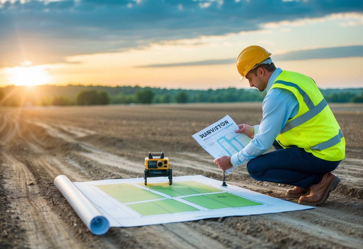 A surveyor measuring and mapping out a large plot of land with a subdivision plan in hand