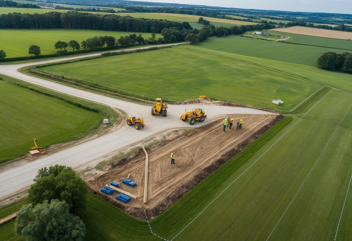 Aerial view of a rural landscape with surveying equipment and workers marking out land boundaries for subdivision