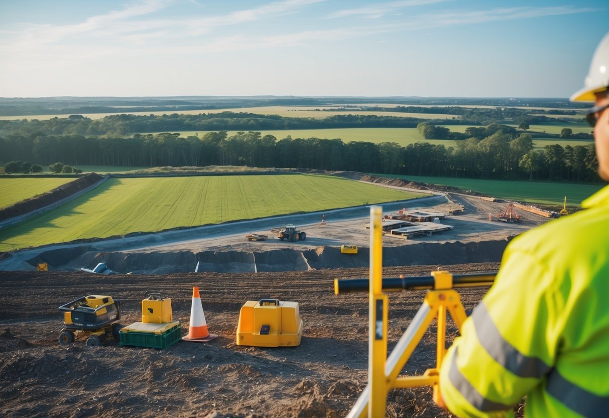 A landscape with a large piece of land being divided into smaller sections, with surveying equipment and construction materials nearby