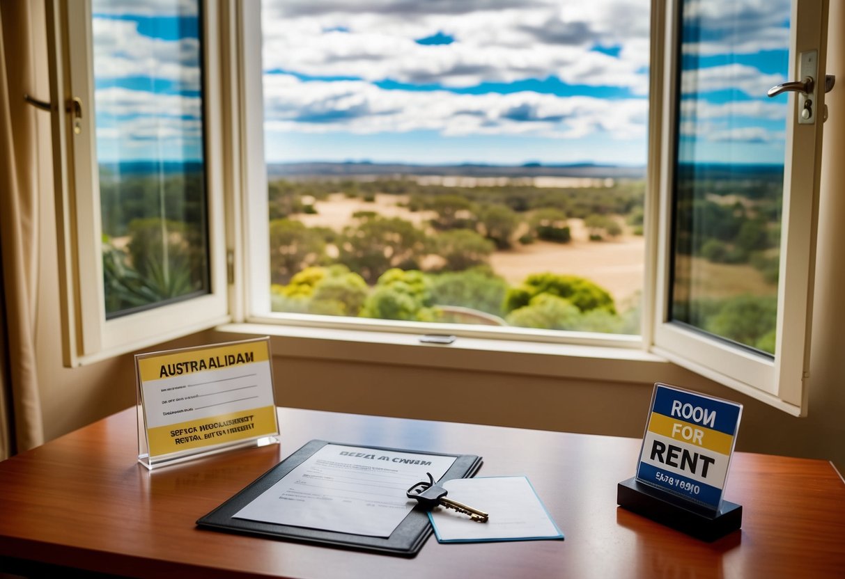 A cozy room with a key and rental agreement on a desk, an open window with a view of the Australian landscape, and a sign outside advertising the room for rent