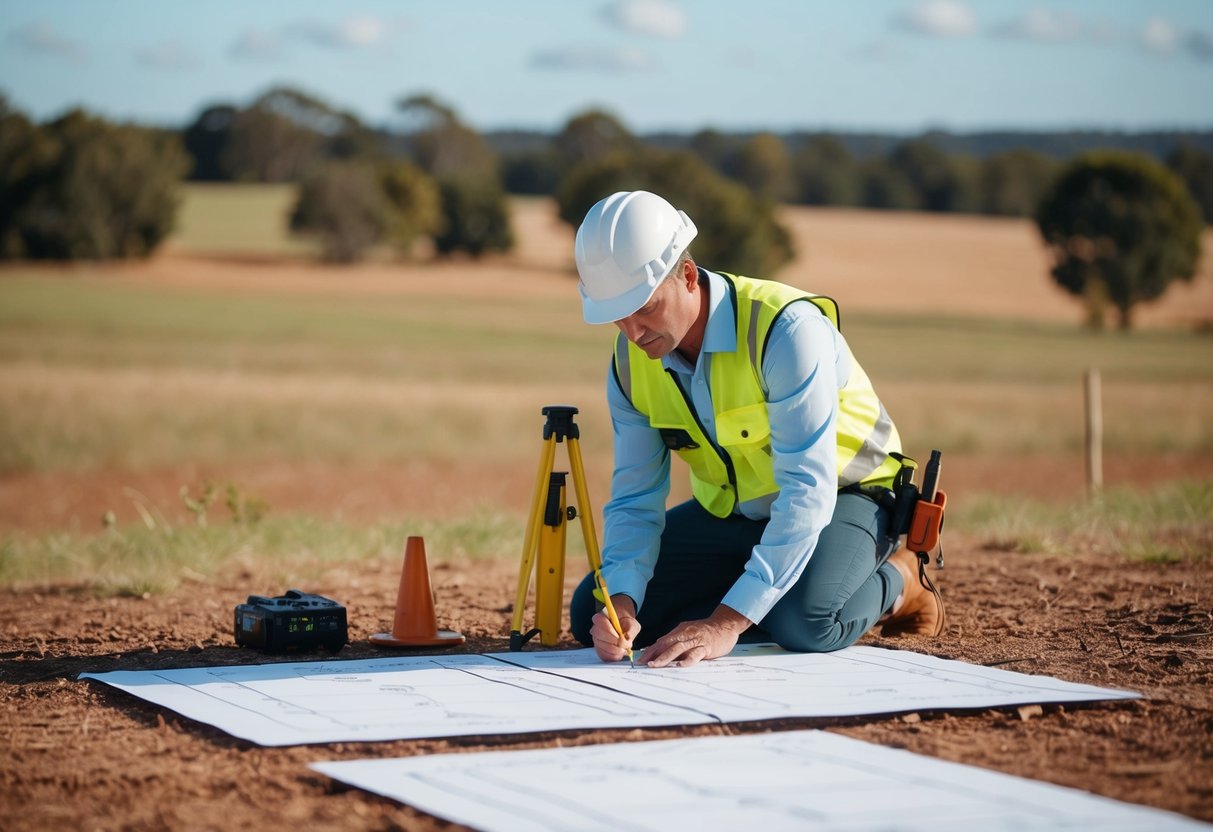 A surveyor measuring and mapping out newly created lots in a rural Australian landscape