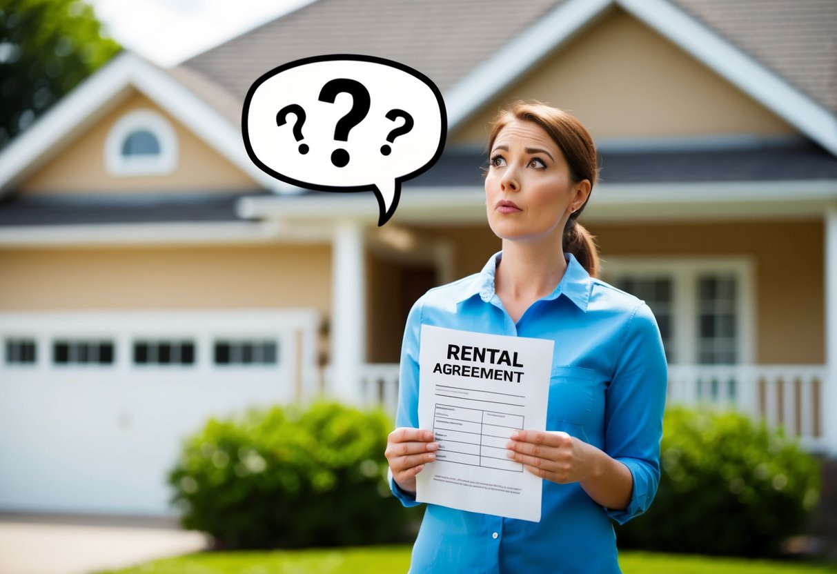 A person standing in front of a house, holding a rental agreement and looking confused. A speech bubble with question marks hovers above their head