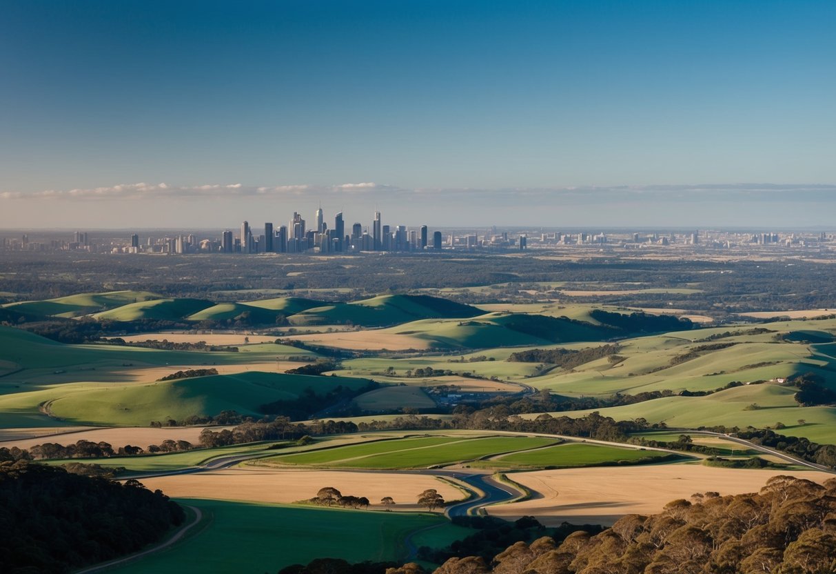 A vast Australian landscape with rolling hills and open fields, dotted with potential subdivision sites and bordered by distant city skylines