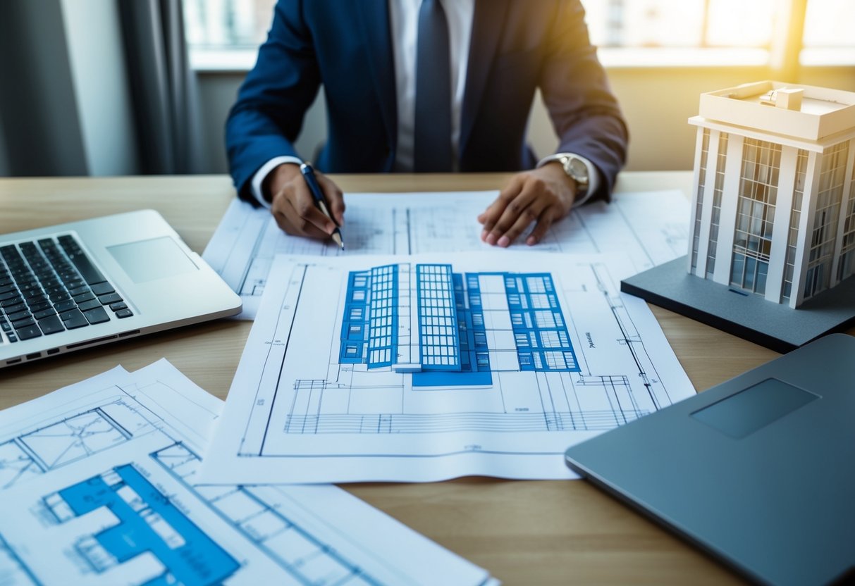 A blueprint on a desk, surrounded by architectural drawings, a laptop, and a scale model of a building. A person in a suit is studying the plans