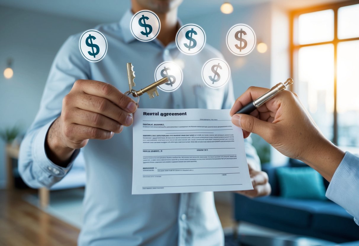 A person in Australia holding a key and a rental agreement, with a room in the background and money symbols floating above it