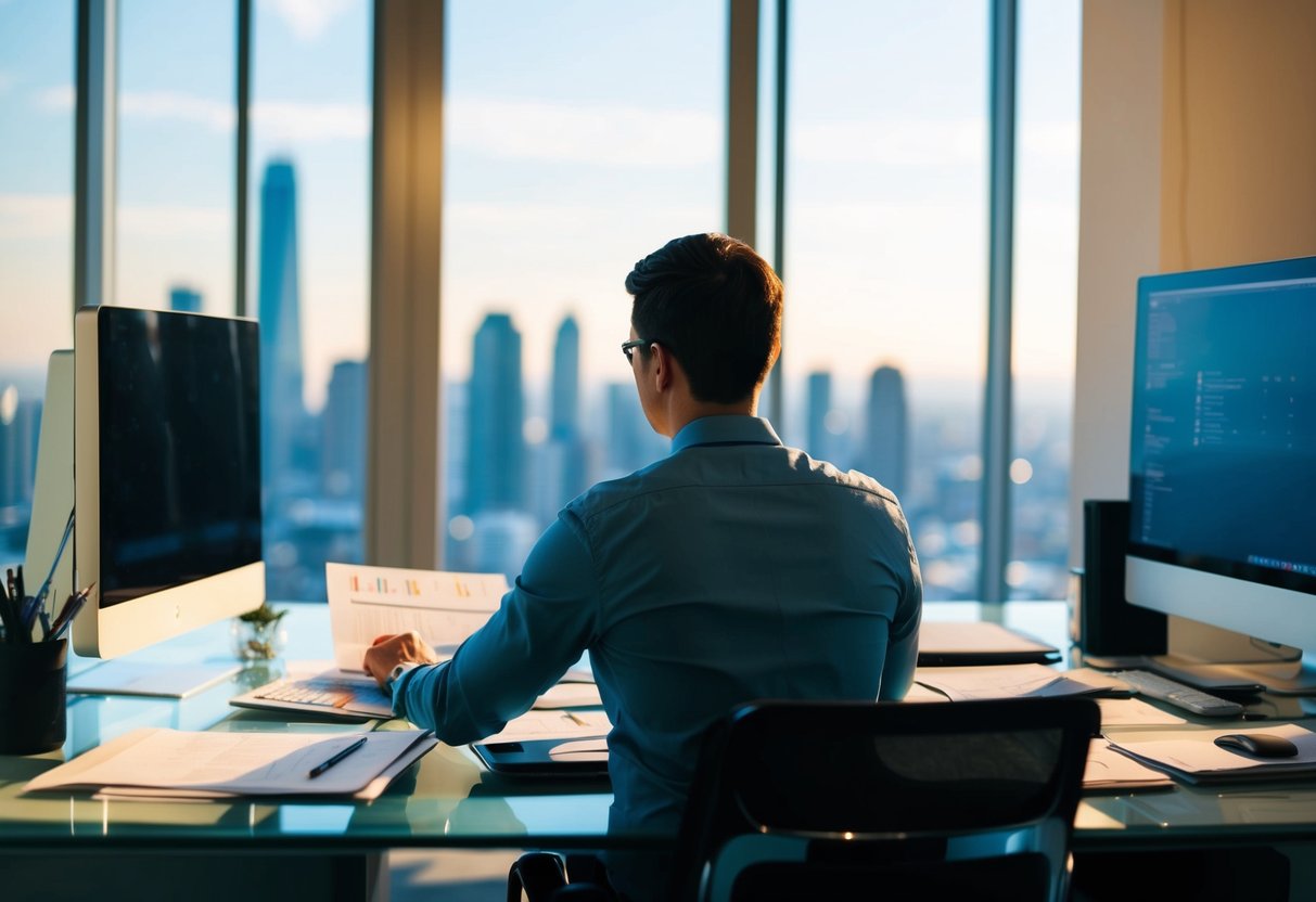 A person sitting at a desk, surrounded by paperwork and a computer, with a window overlooking a city skyline