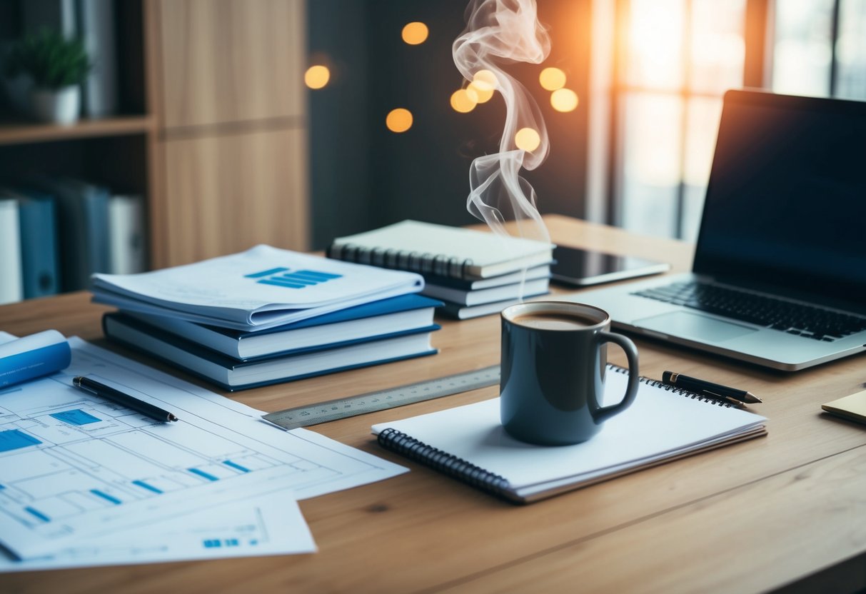 An architect's desk cluttered with blueprints, a laptop, and a ruler. A stack of books on property development sits nearby. A mug of coffee steams next to a notepad and pen