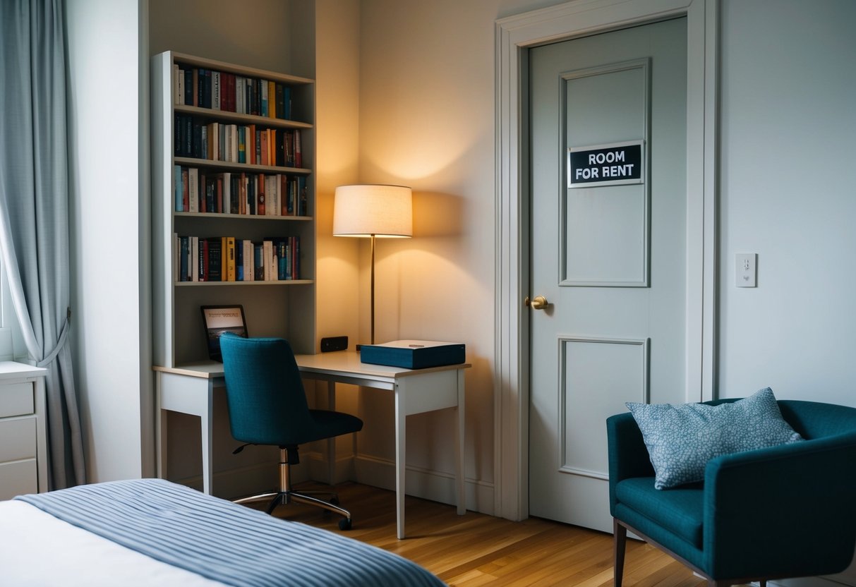 A cozy room with a neatly made bed, a desk with a chair, and a bookshelf filled with books. A sign on the door reads "Room for Rent."