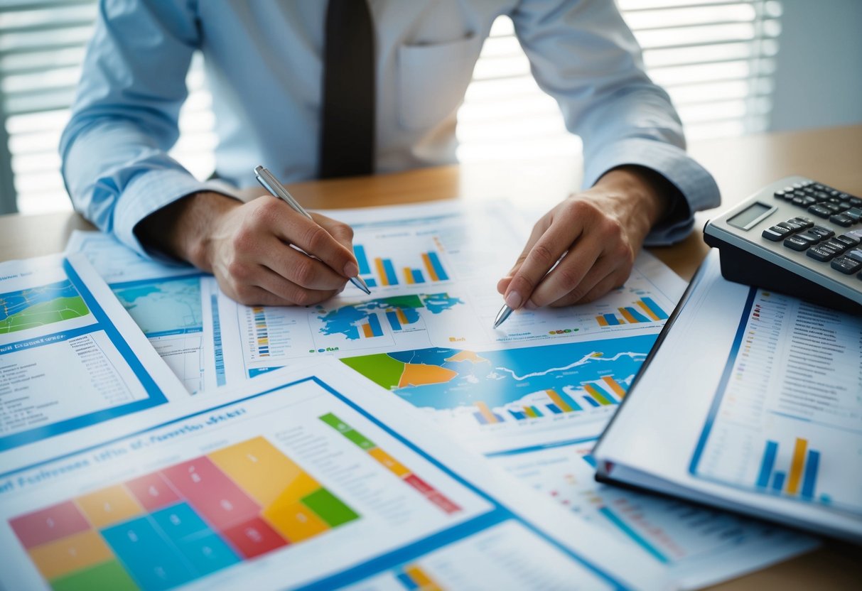 A person studying maps and demographics, surrounded by real estate listings and market data, with a focus on potential development sites