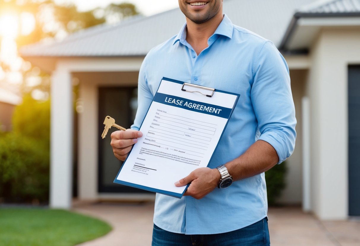 A person holding a lease agreement and a set of keys, standing in front of a rental property in Australia