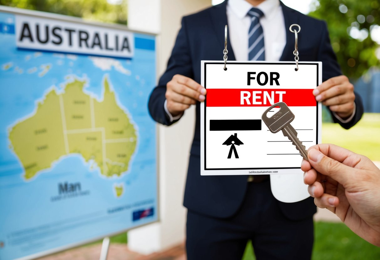 A person holding a key in front of a house with a "For Rent" sign, while a map of Australia is displayed in the background