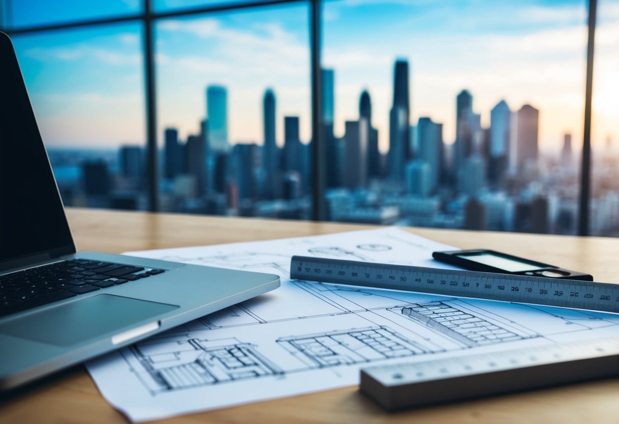 A blueprint on a desk with a laptop, architectural scale ruler, and sketches of buildings. A city skyline in the background