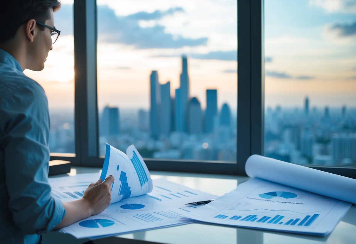 A person researching real estate, with blueprints and financial charts spread out on a desk, while looking out a window at a city skyline