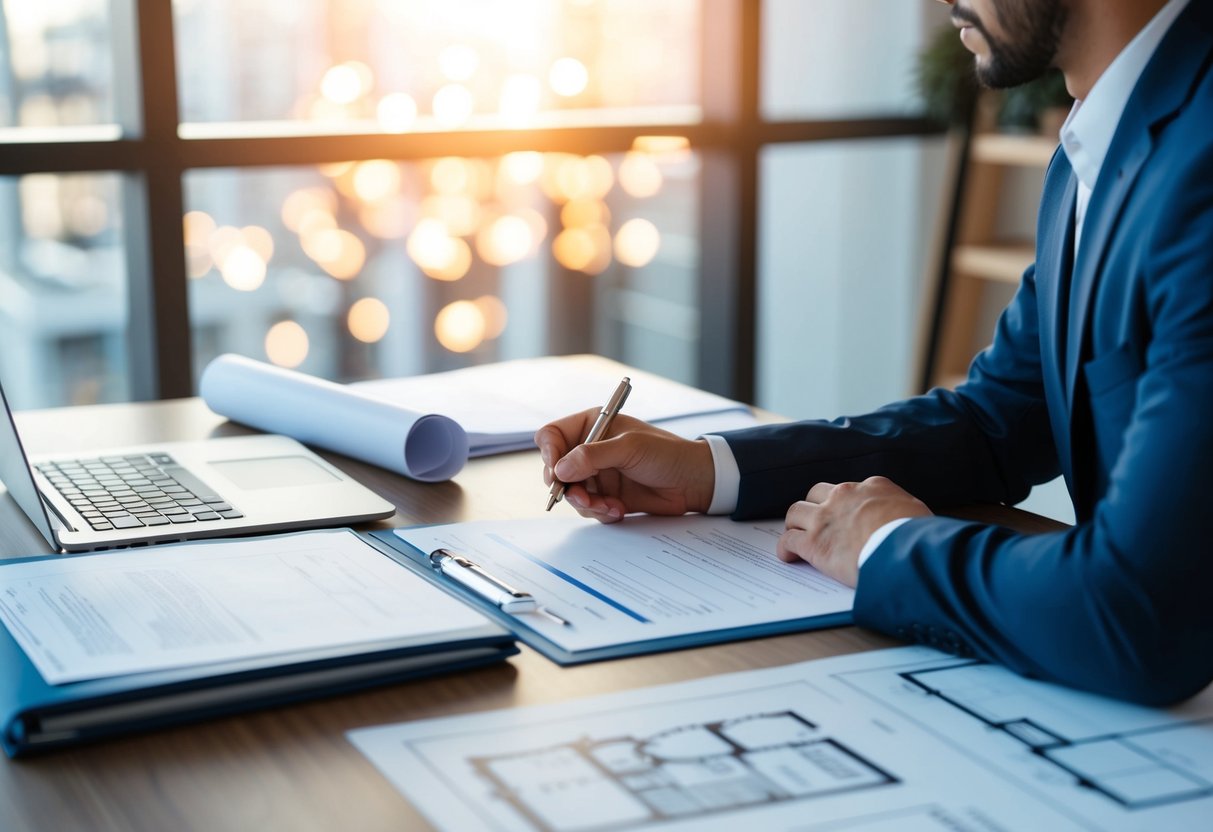 A person signing legal documents at a desk, surrounded by blueprints, architectural plans, and a laptop