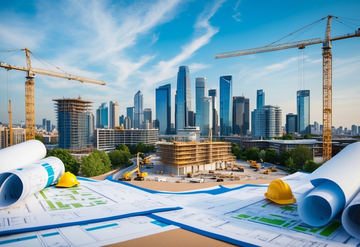 A bustling city skyline with construction cranes and workers building new properties, surrounded by architectural blueprints and city planning maps