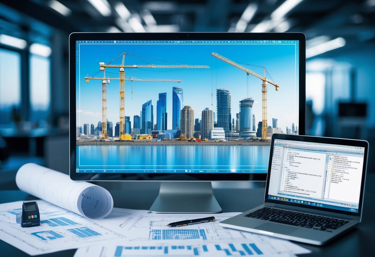 A blueprint of a city skyline with construction cranes and buildings at various stages of development, surrounded by architectural plans and a computer with code on the screen